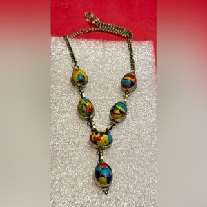 Agate necklace set w/red, blue, yellow & sterling silver-16” + matching earrings